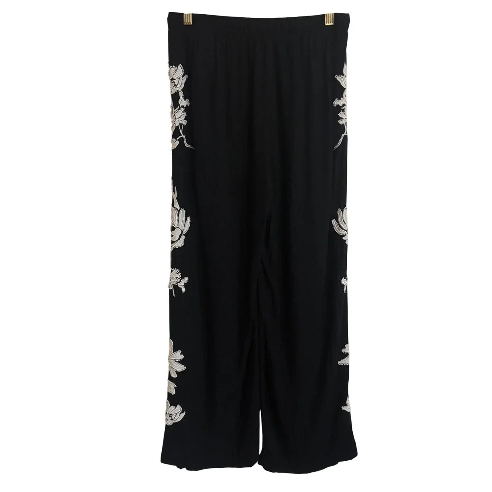 Zara Black Beaded Floral Embroidered Wide Leg Pants Size Small